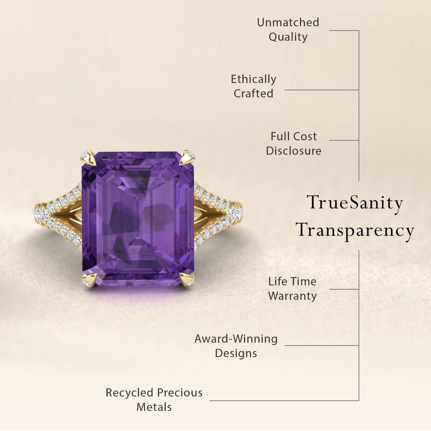 The Amethyst & Diamond Cocktail Ring - Ziya features a large rectangular purple amethyst, diamond accents, unmatched quality, ethical crafting, full cost disclosure, lifetime warranty, award-winning design, and recycled precious metals.