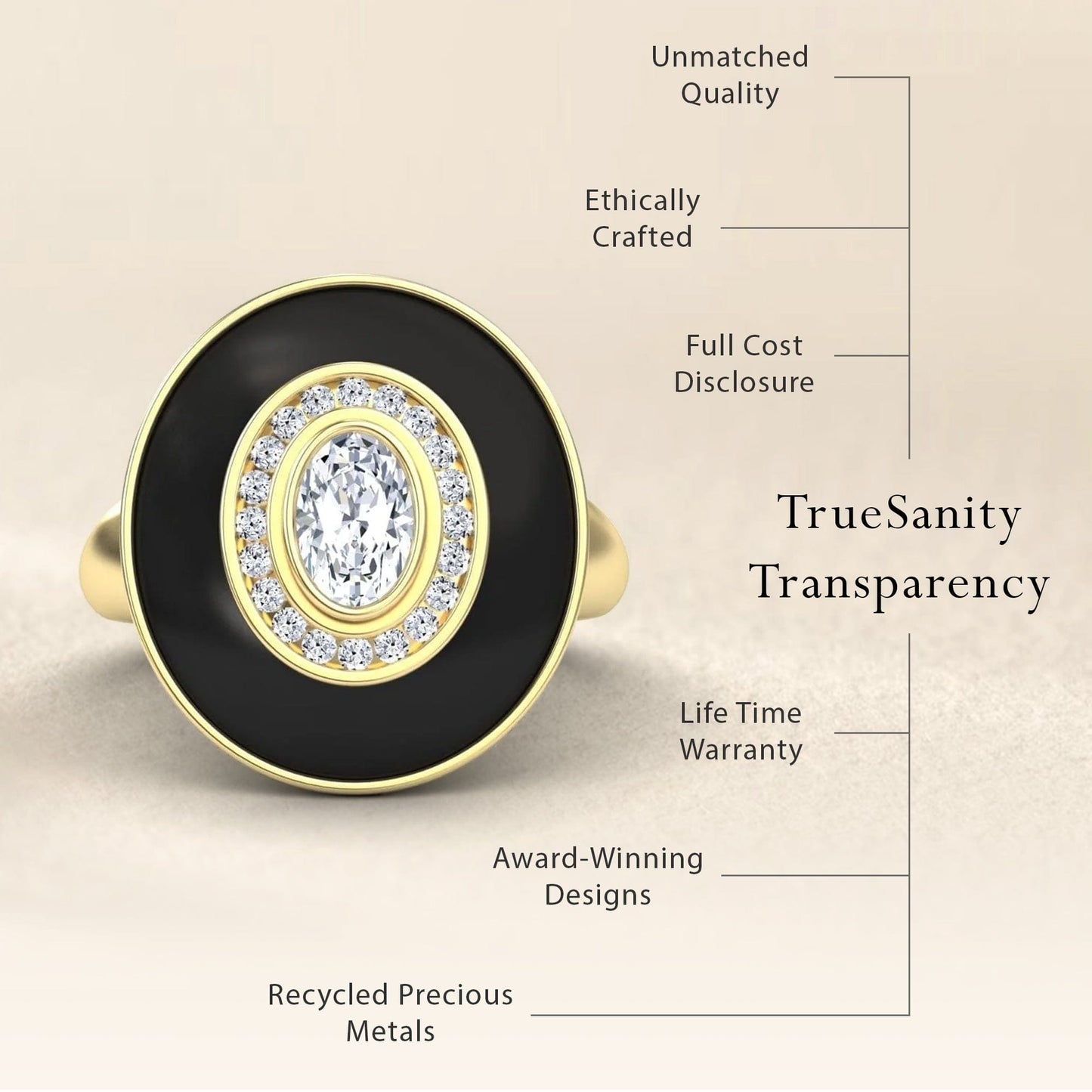 White Diamond Black Enamel Halo Ring - Camille