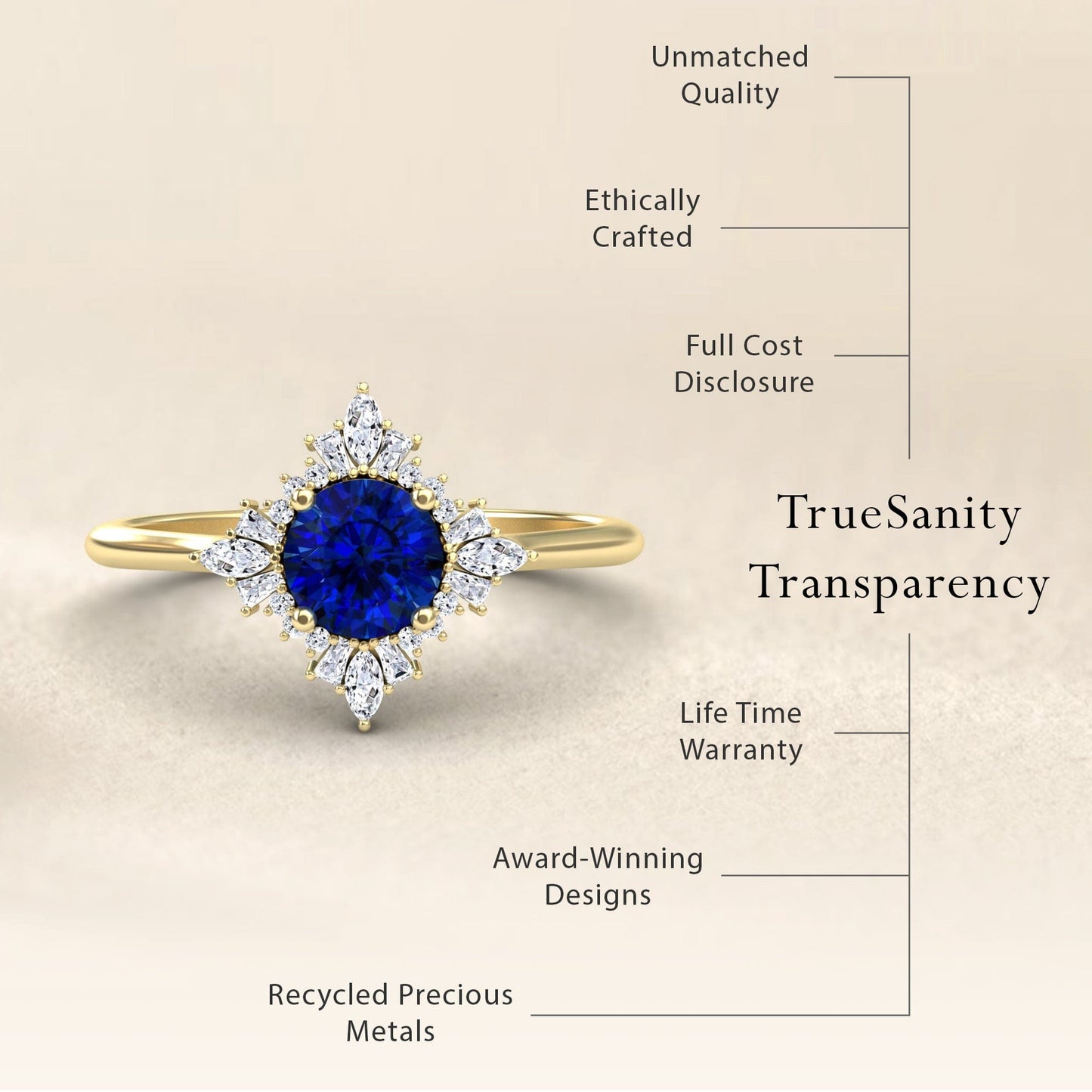 Blue Sapphire & Diamond Vintage-Inspired Starburst Ring - Delia