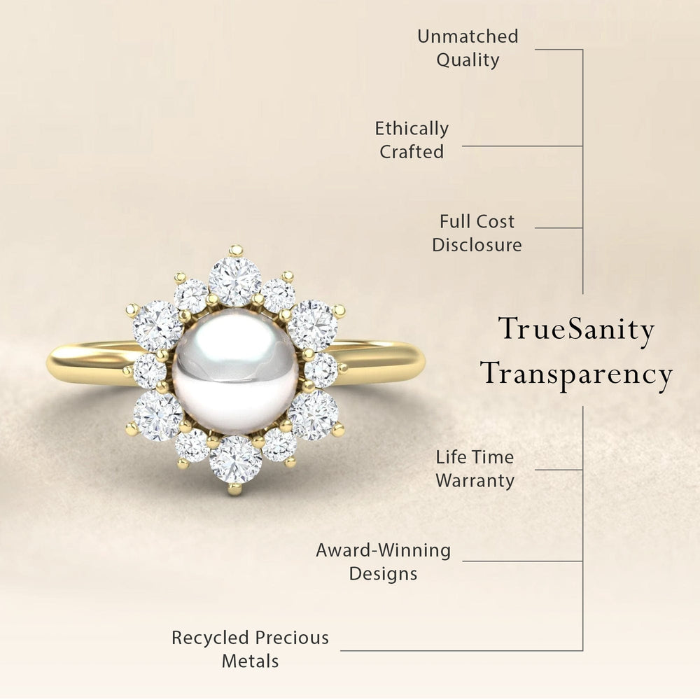 White Akoya Pearl & Diamond Floral Halo Ring - Emily