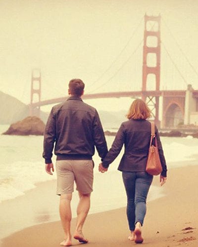 Two people walking on a beach with the Golden Gate Bridge in the background