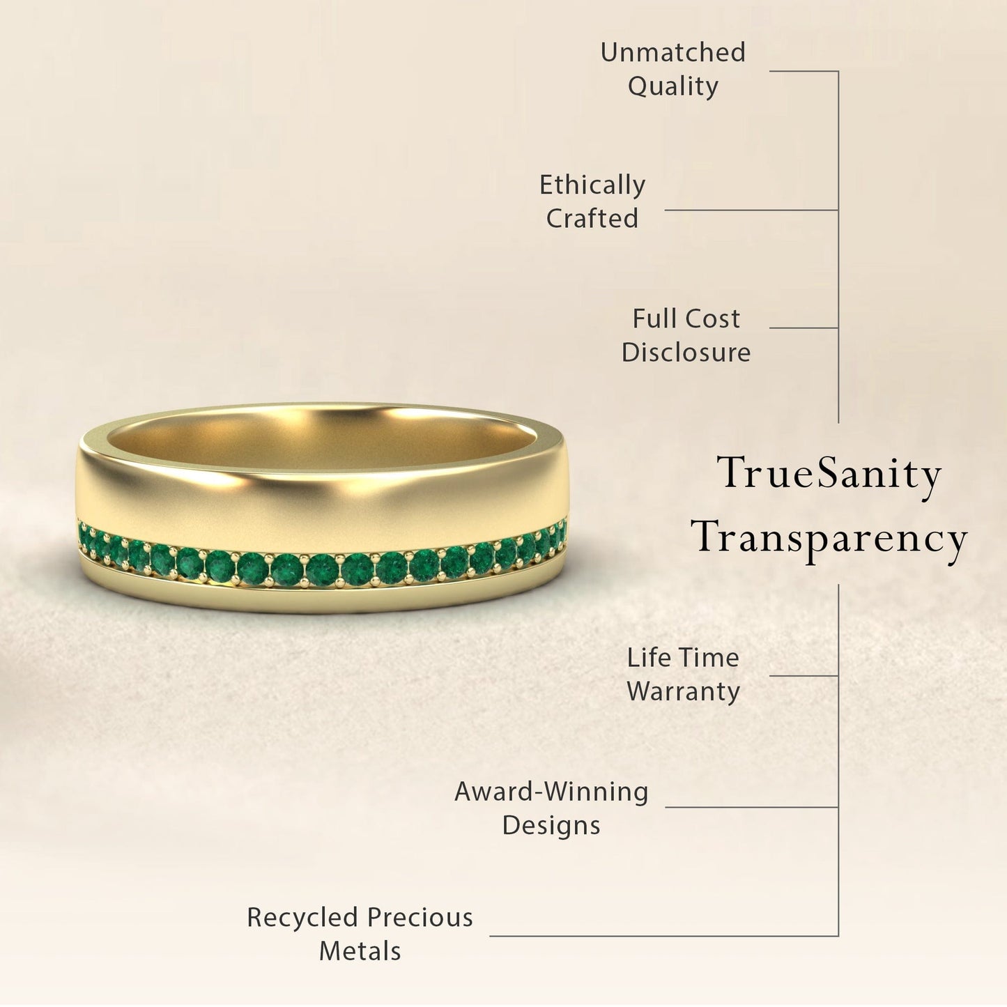 0.21-carat Men's Emerald Channel-Set Wedding Band in 14K yellow gold, Yan style, transparency view