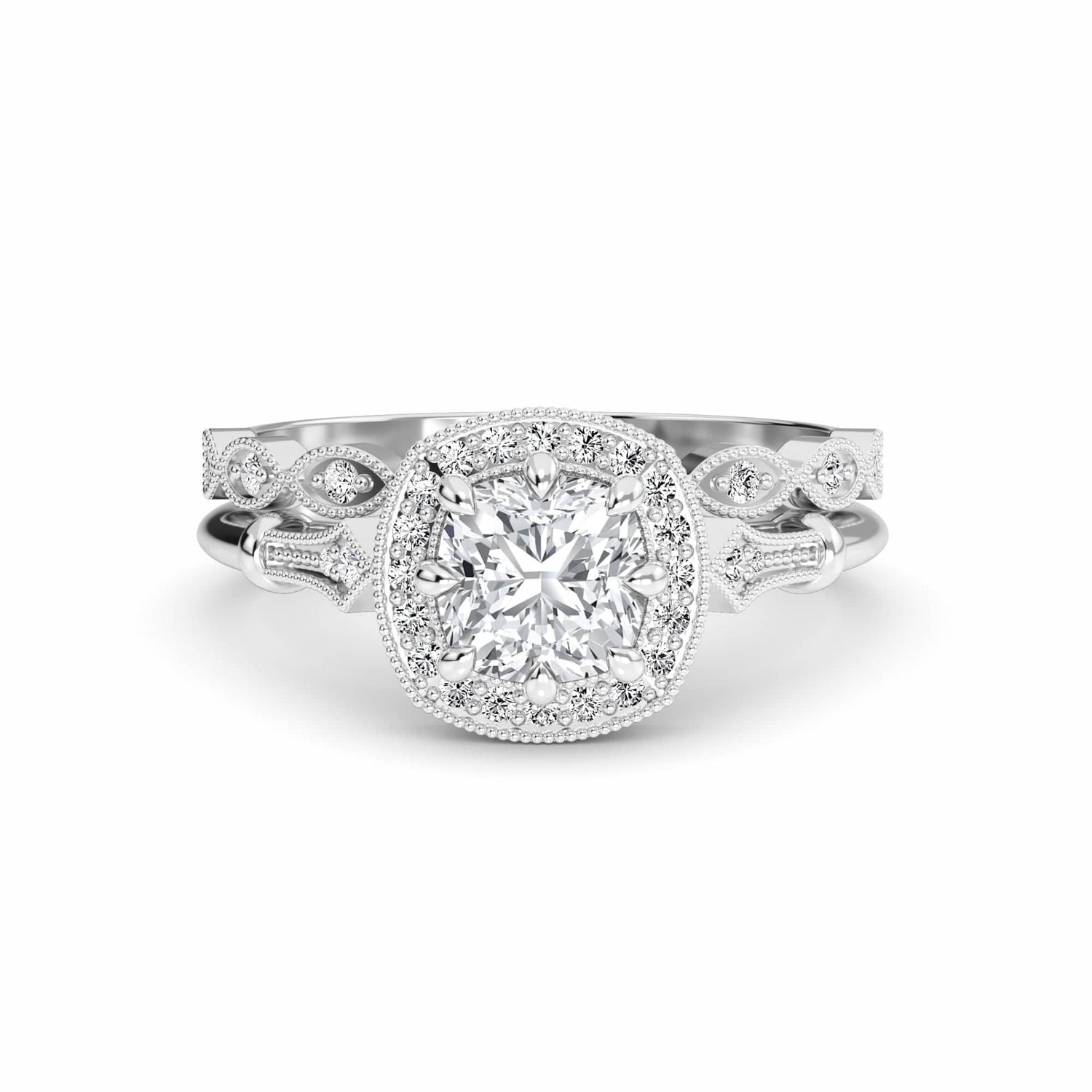 White Diamond Vintage Style Halo Bridal Engagement Ring - Eleanor