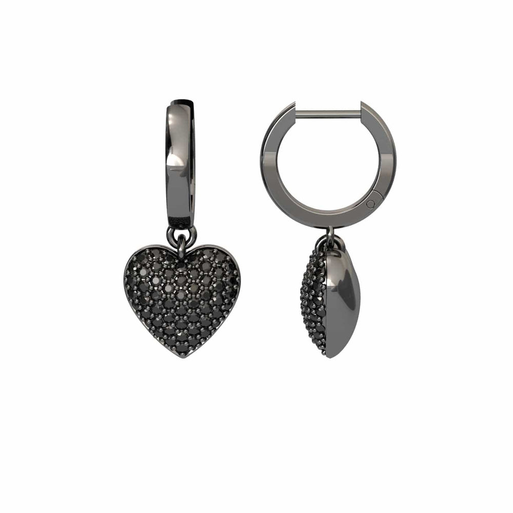 Round black diamond heart hoop earrings, view 2