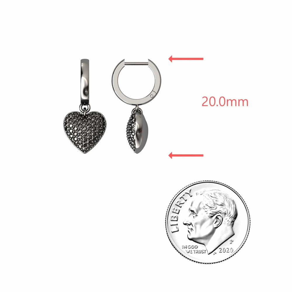 Round black diamond heart hoop earrings, view 3