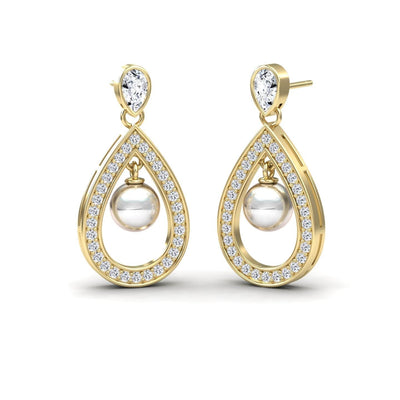 White Akoya Pearl & Diamond Halo Drop Earrings