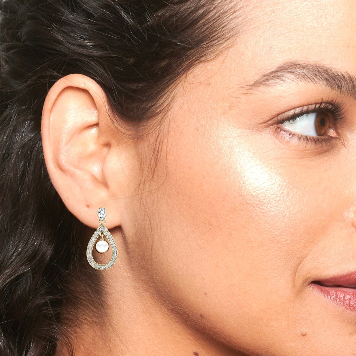 White Akoya Pearl & Diamond Halo Drop Earrings - Kiran