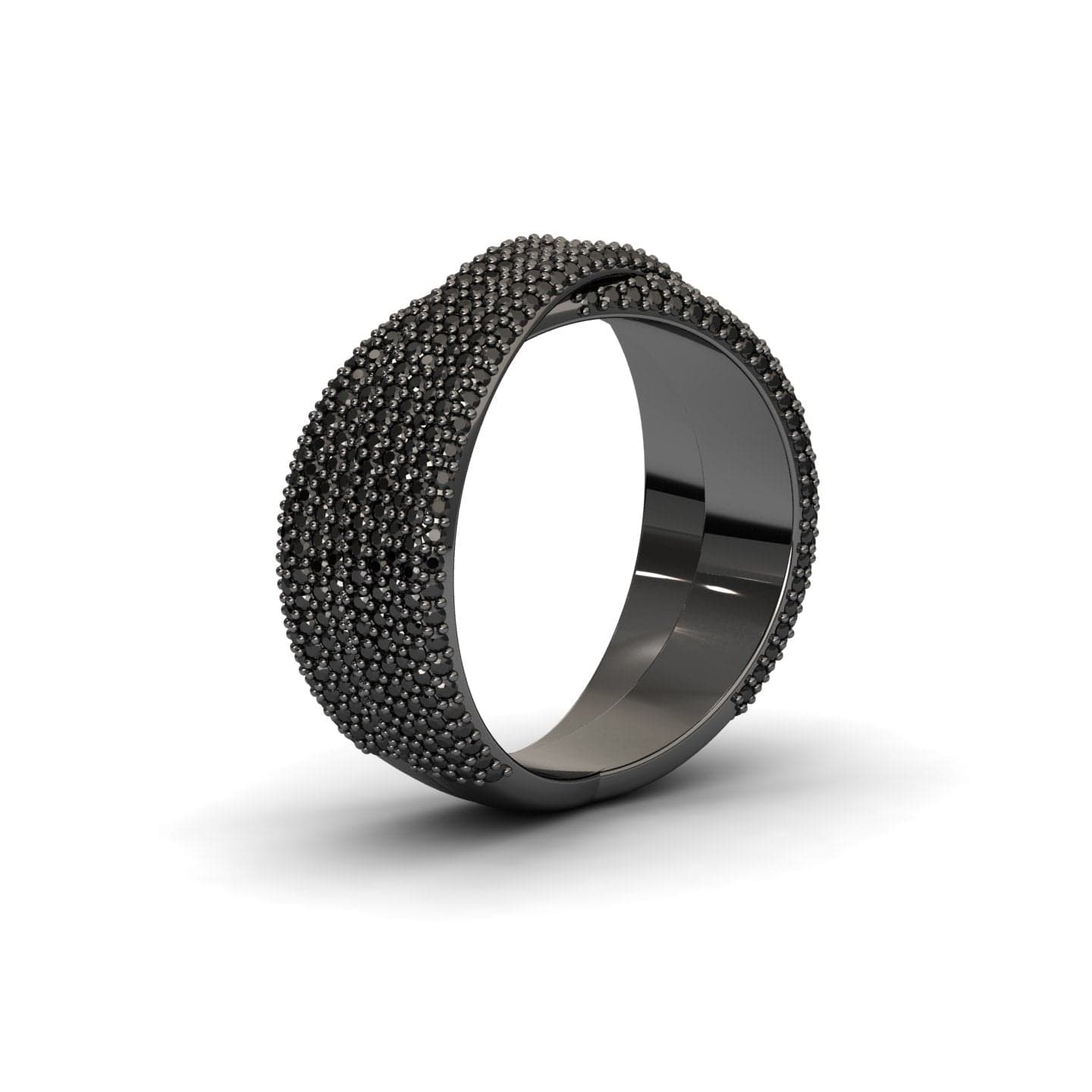 The Black Diamond Pave Crossover Statement Ring - Noor features a sleek black design encrusted with dark gemstones across the outer surface, displayed on a white background with a subtle shadow.