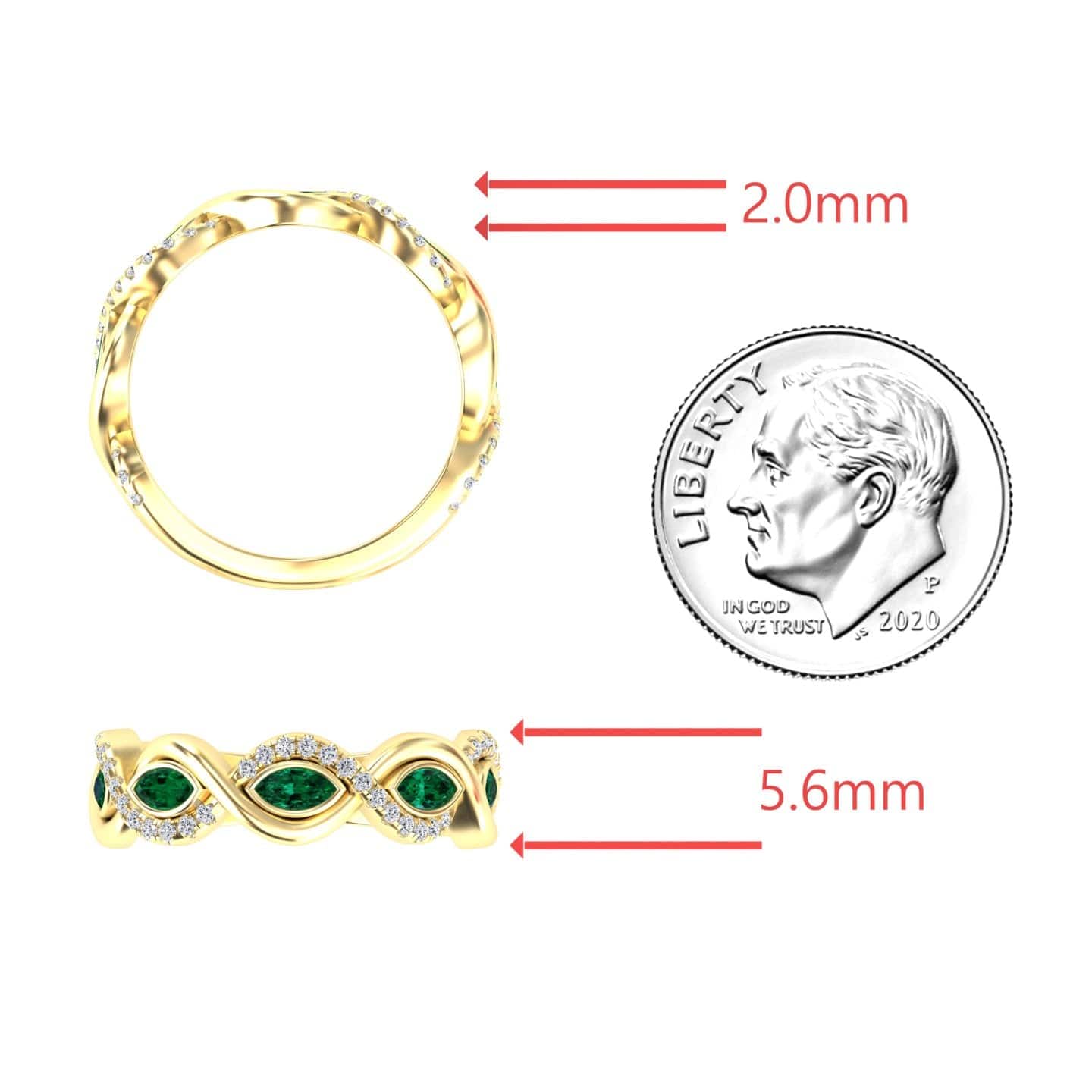 1.1 carat Emerald & Diamond Infinity Twist Band in 14K Yellow gold, Selma style, coin view